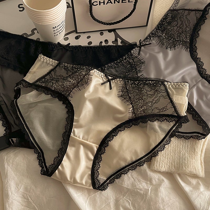 French Lace Women'S Mid-Waist Underwear French Stitching Lace Mesh Comfortable Breathable Pure Cotton Antibacterial Crotch Briefs - Image 2